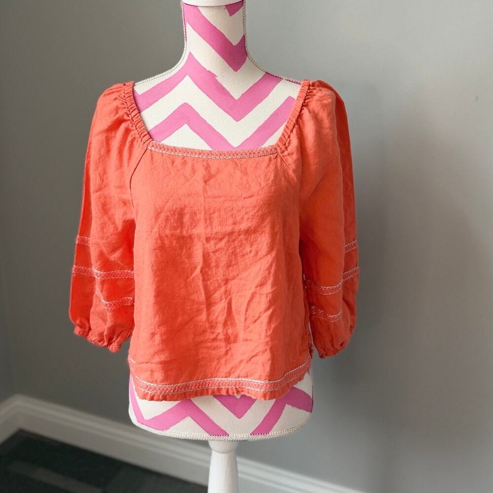 Joie Linen Joplin Puff Sleeve Peasant Boho Blouse Coral Orange Size S 100% Linen